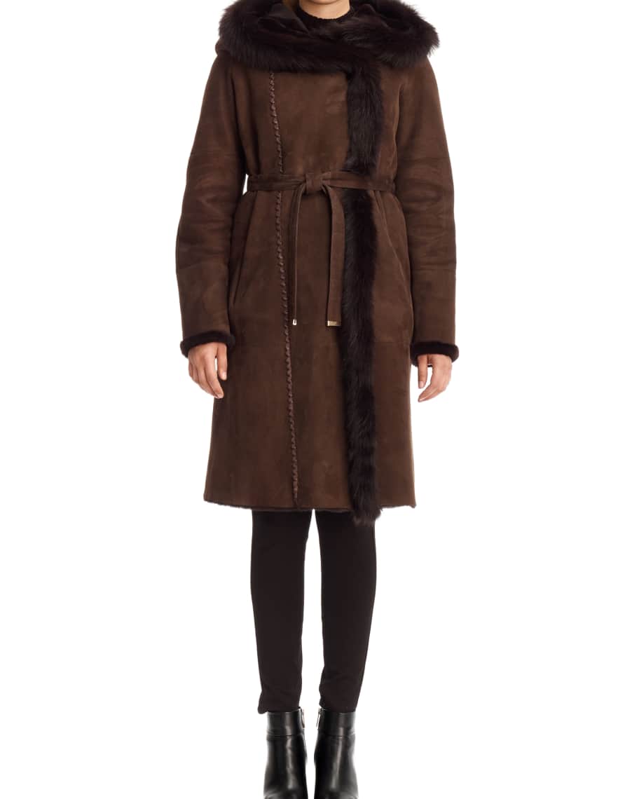 Gorski Hooded Shearling Lamb Coat with Suede Belt | Neiman Marcus