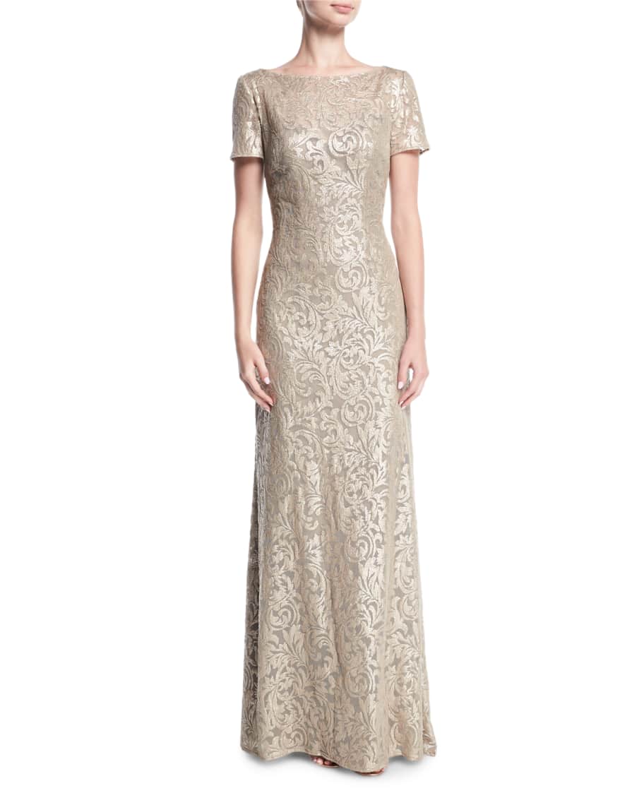 La Femme Boat-Neck Short-Sleeve Lace Embroidered Evening Gown | Neiman ...