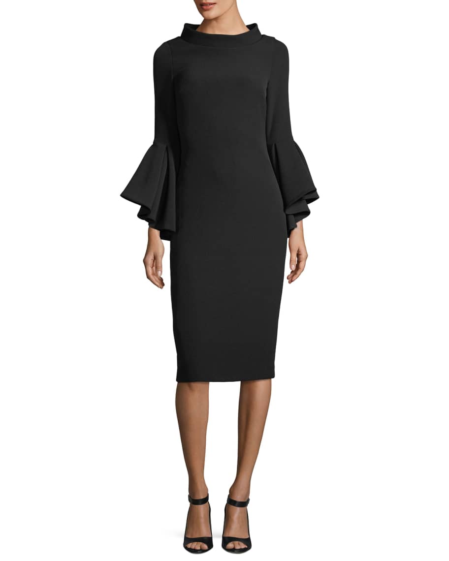 Image 1 of 2: Funnel-Collar Bell-Sleeve Sheath Crepe Cocktail Dress