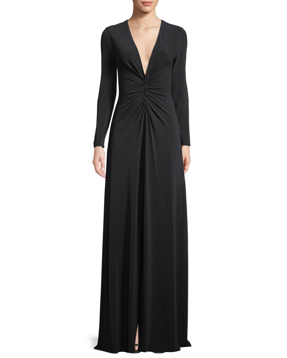 Halston Long-Sleeve Ruched-Front V-Neck Gown | Neiman Marcus