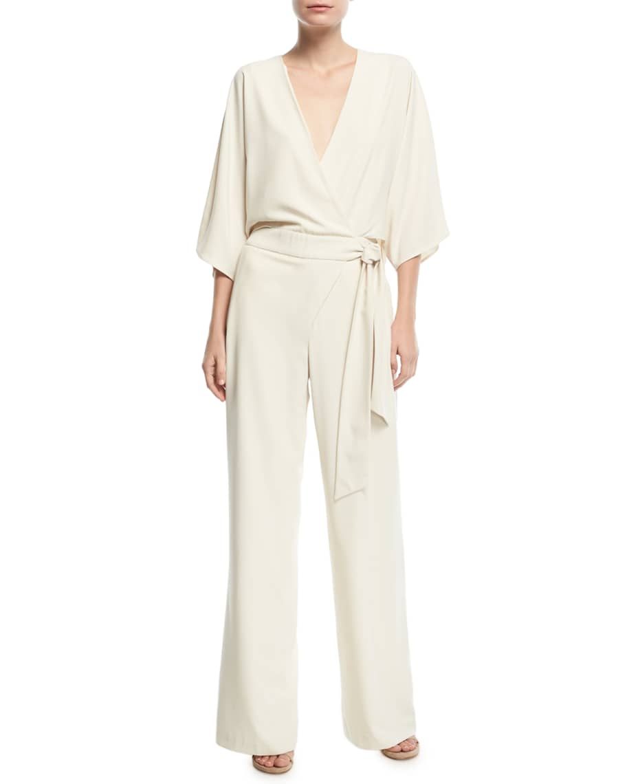 Halston Wide-Leg 3/4-Sleeve Wrap-Front Jumpsuit w/ Tie Waist | Neiman ...