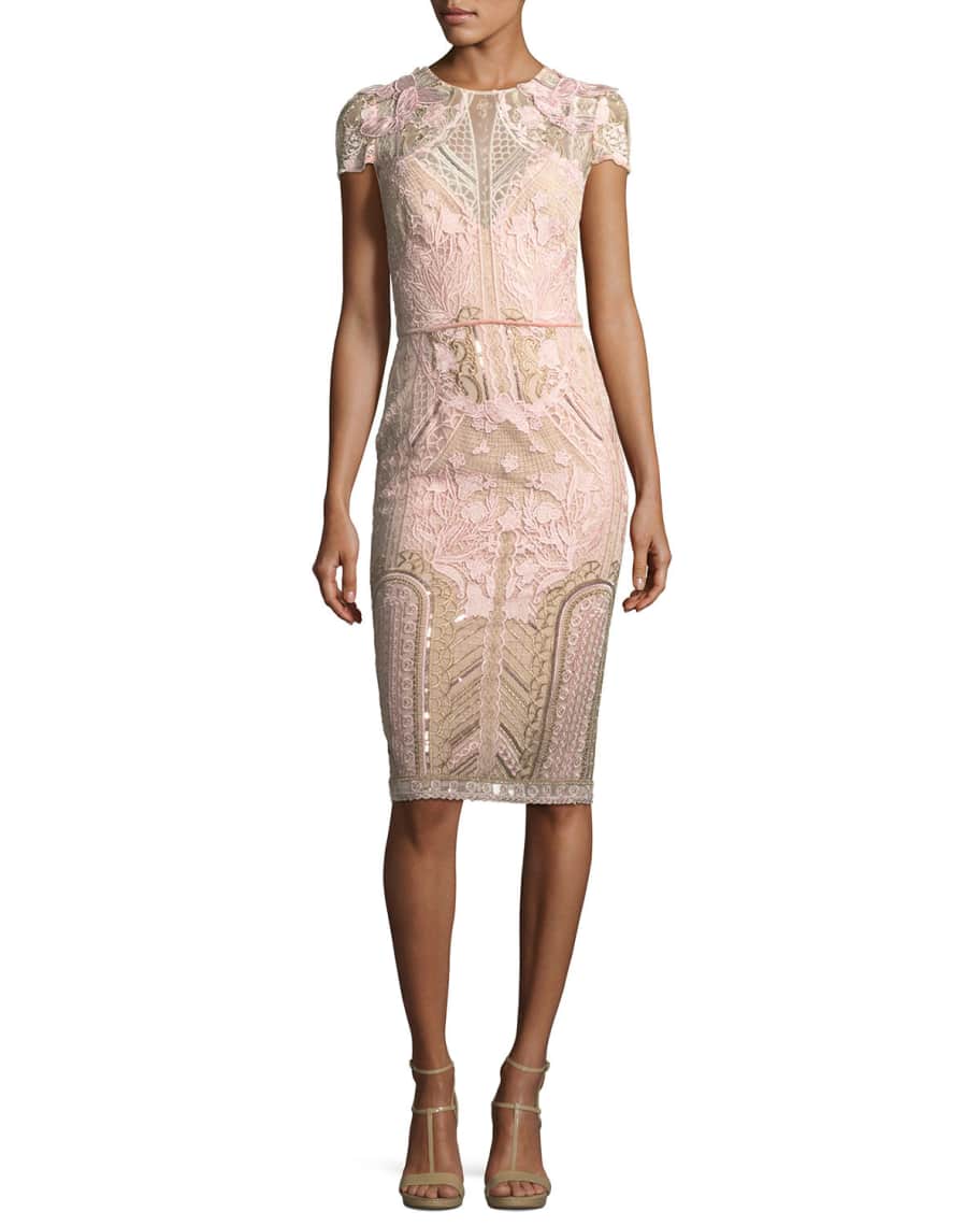 Marchesa Notte Embroidered Lace Cap-Sleeve Sheath Cocktail Dress ...