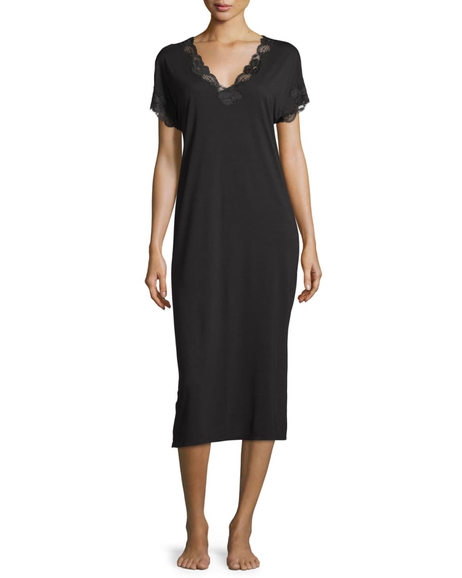 Natori Zen Lace-Trim Short-Sleeve Lounger | Neiman Marcus