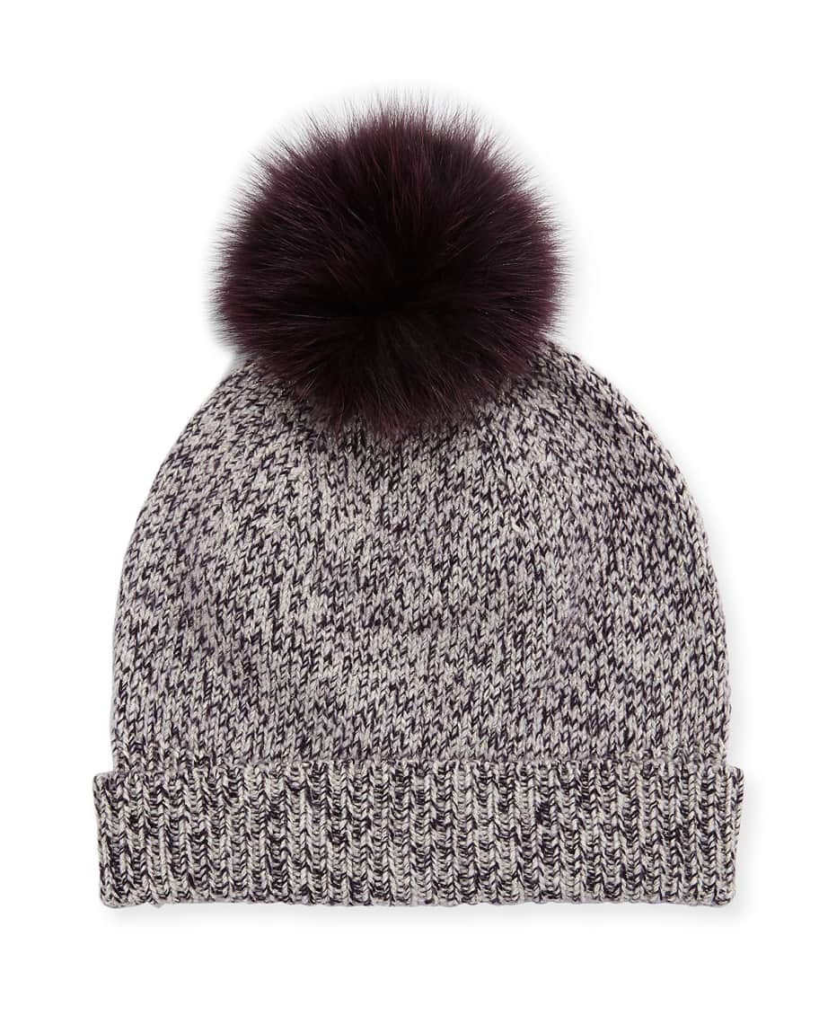 Sofia Cashmere Marbled-Knit Beanie Hat w/ Fur Pompom | Neiman Marcus