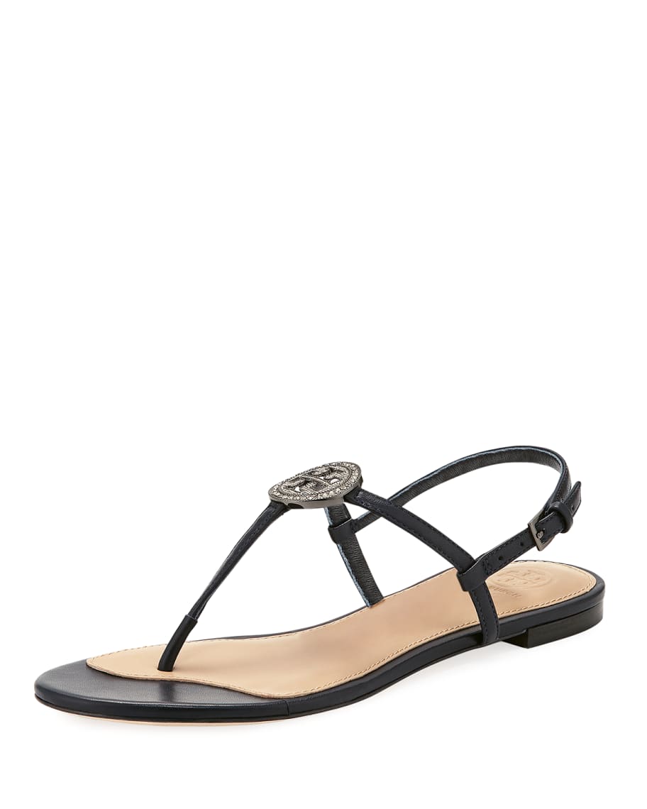 Tory Burch Black Leather Logo Embellished Flat Thong Slingback