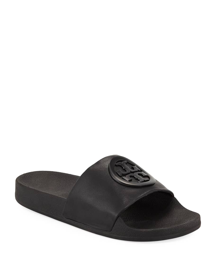Tory Burch Lina Leather Flat Pool Slide Sandals | Neiman Marcus