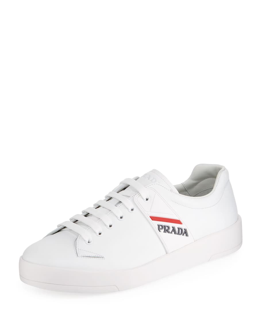 Prada Men's Vitello Plume Leather Low-Top Sneakers | Neiman Marcus