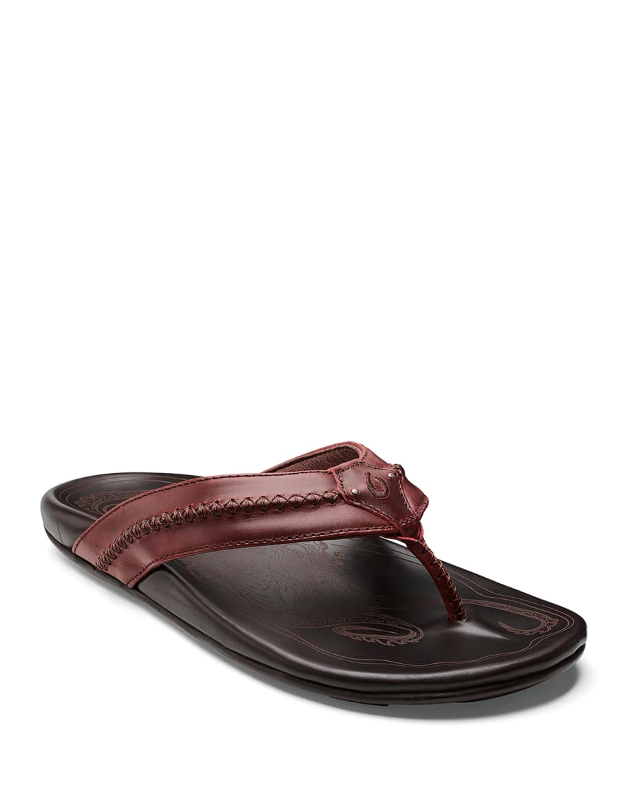 Olukai Men's Mea Ola Leather Thong Sandals, Brown/Red | Neiman Marcus