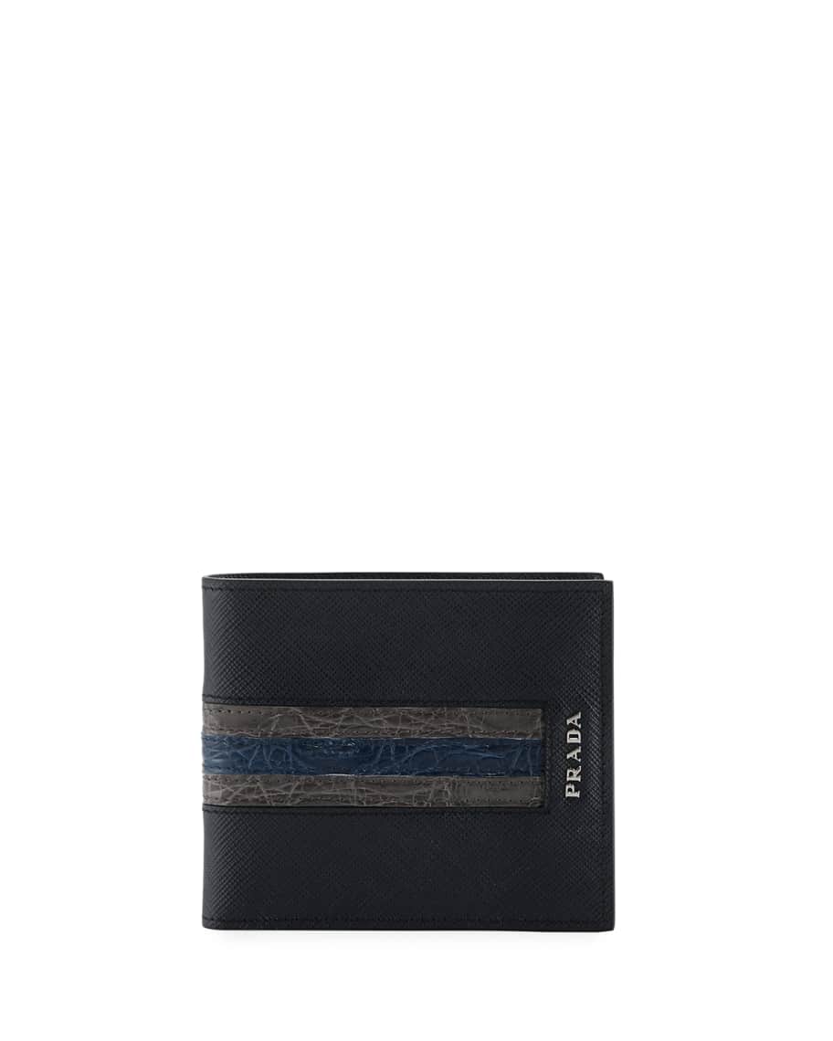 Prada Saffiano Leather Bi Fold Wallet with Crocodile Stripe
