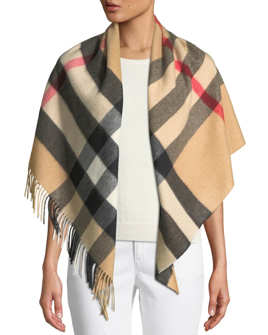 Burberry Cashmere Checkered Fringe Bandana Scarf Neiman Marcus