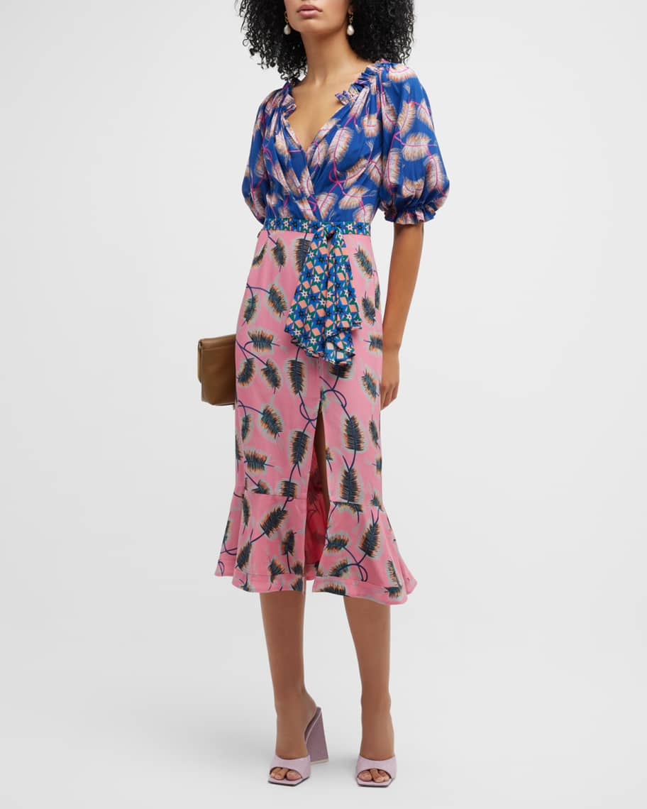 Saloni Olivia Velvet Burnout Midi Flounce Dress | Neiman Marcus
