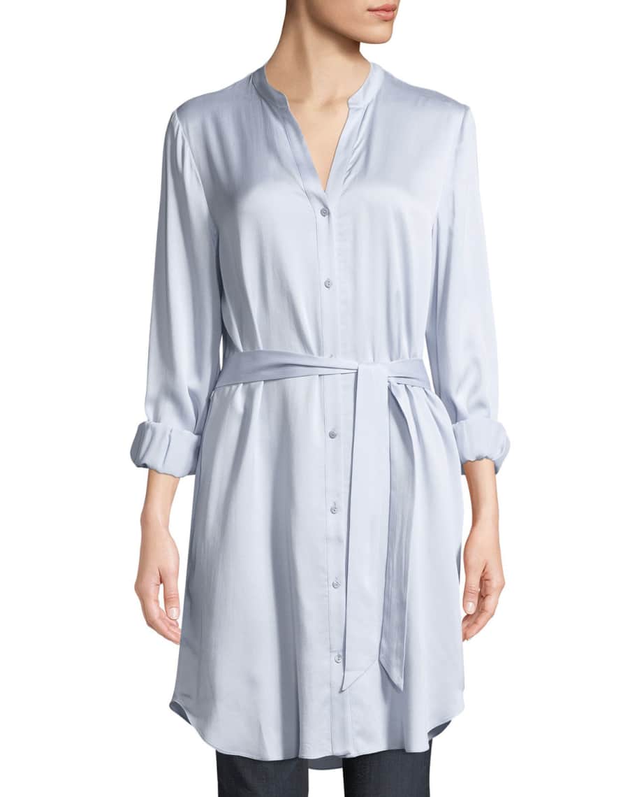 Eileen Fisher Silk Charmeuse Button-Front Long Shirt | Neiman Marcus