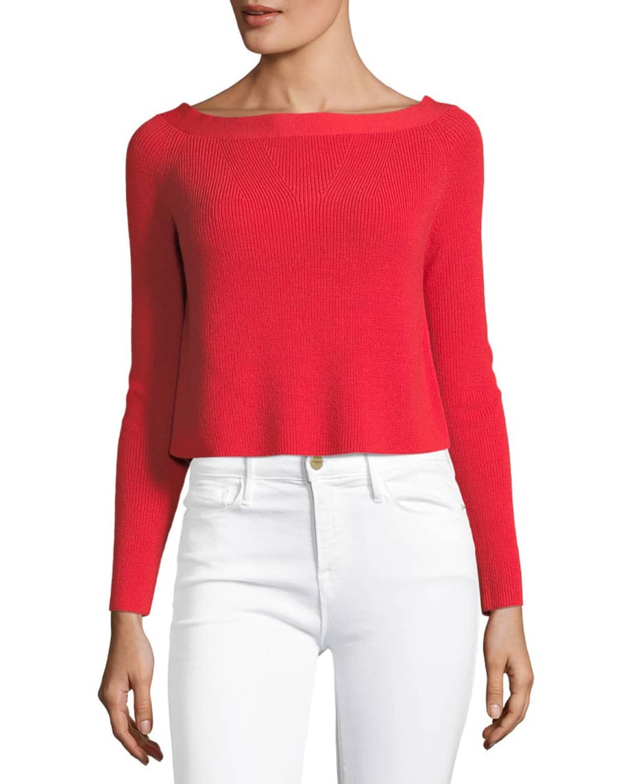 FRAME Boat-Neck Cropped Rib-Knit Sweater | Neiman Marcus