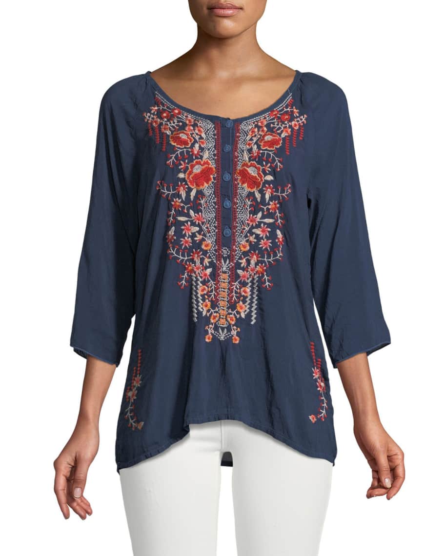 Johnny Was Olivia 3/4-Sleeve Embroidered Blouse, Plus Size | Neiman Marcus