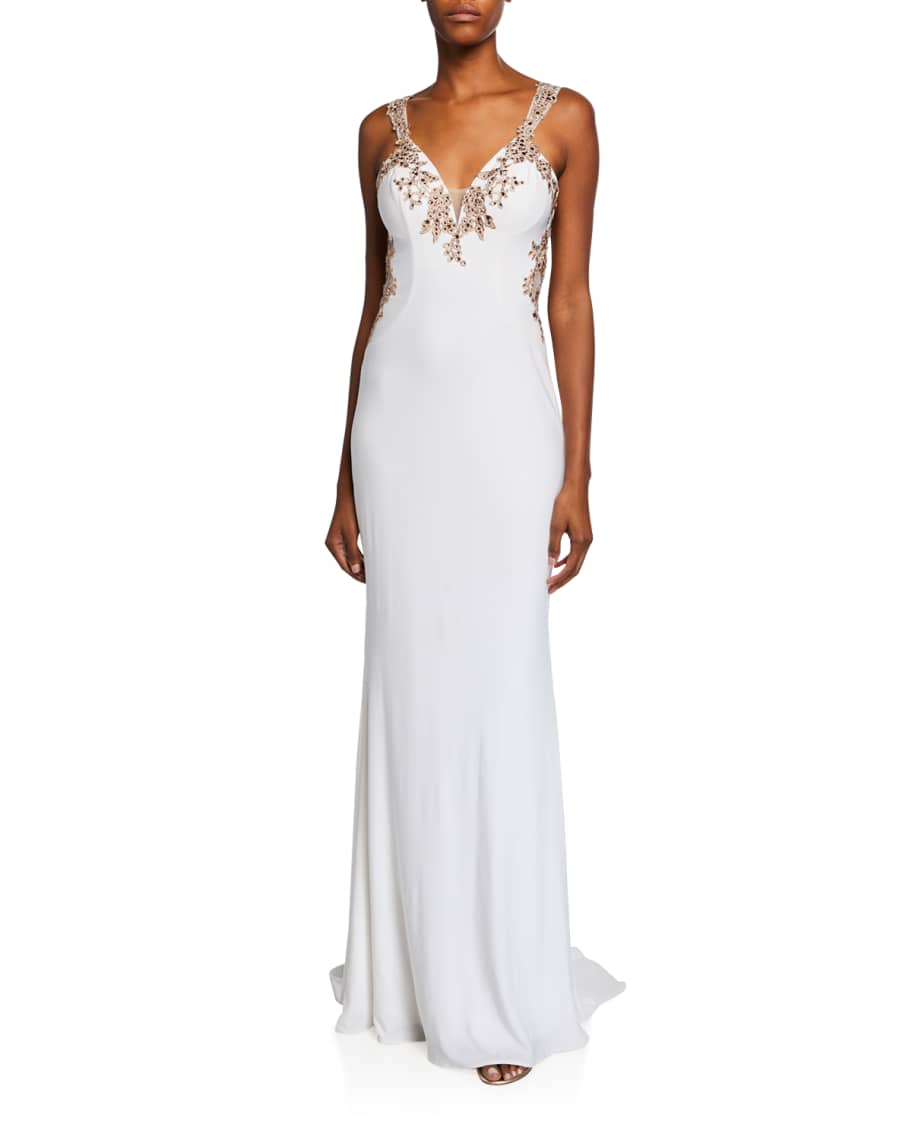 Faviana V-Neck Sleeveless Embellished Applique Jersey Gown w/ Cutout ...