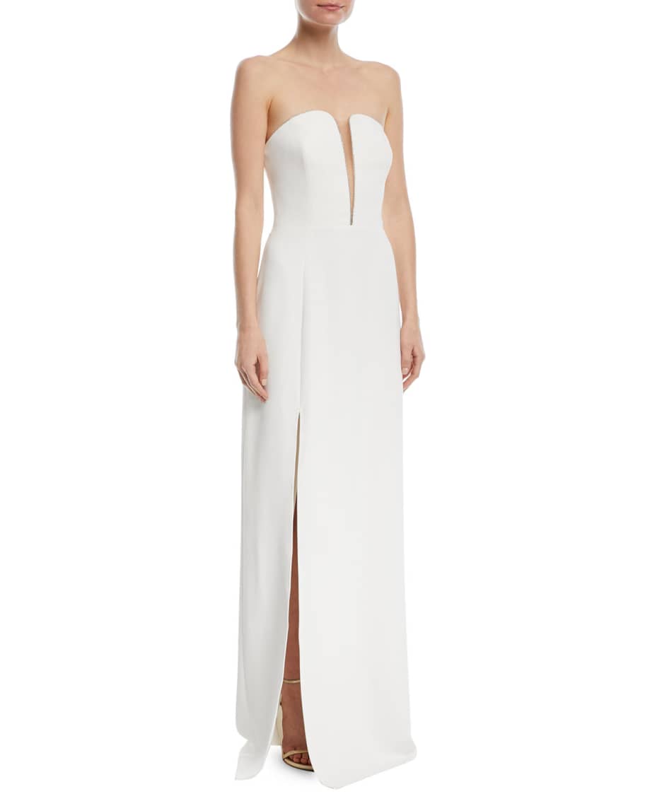 Halston Heritage Fitted Strapless Crepe Gown w Mesh Insert