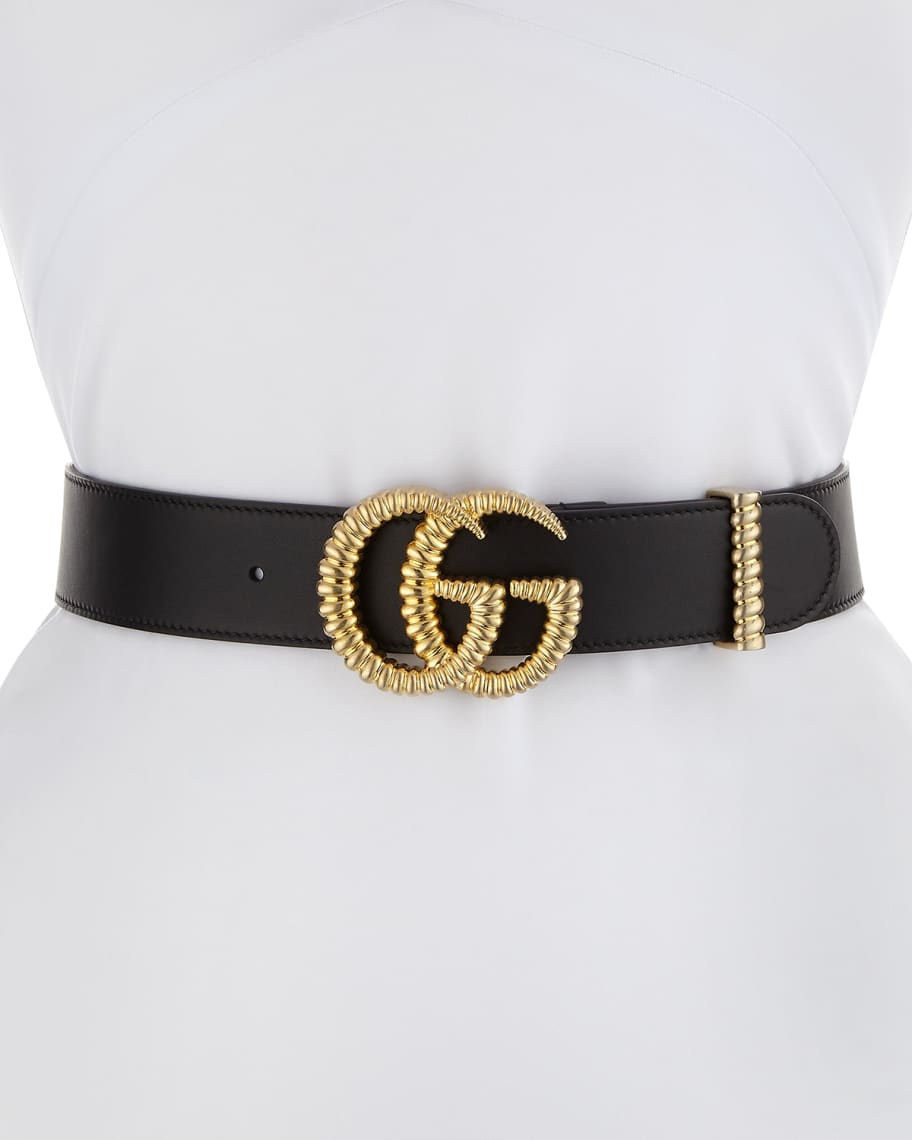 Gucci Moon Leather Belt w/ Textured GG Buckle, 1.5