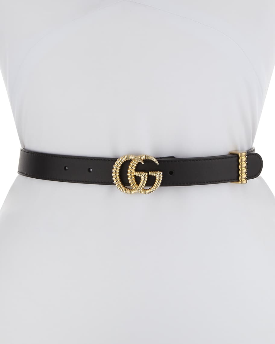 Gucci Moon Leather Belt w/ Textured GG Buckle, 1