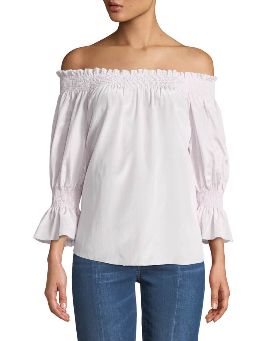7 for all mankind Smocked Silk/Cotton Off-the-Shoulder Top | Neiman Marcus