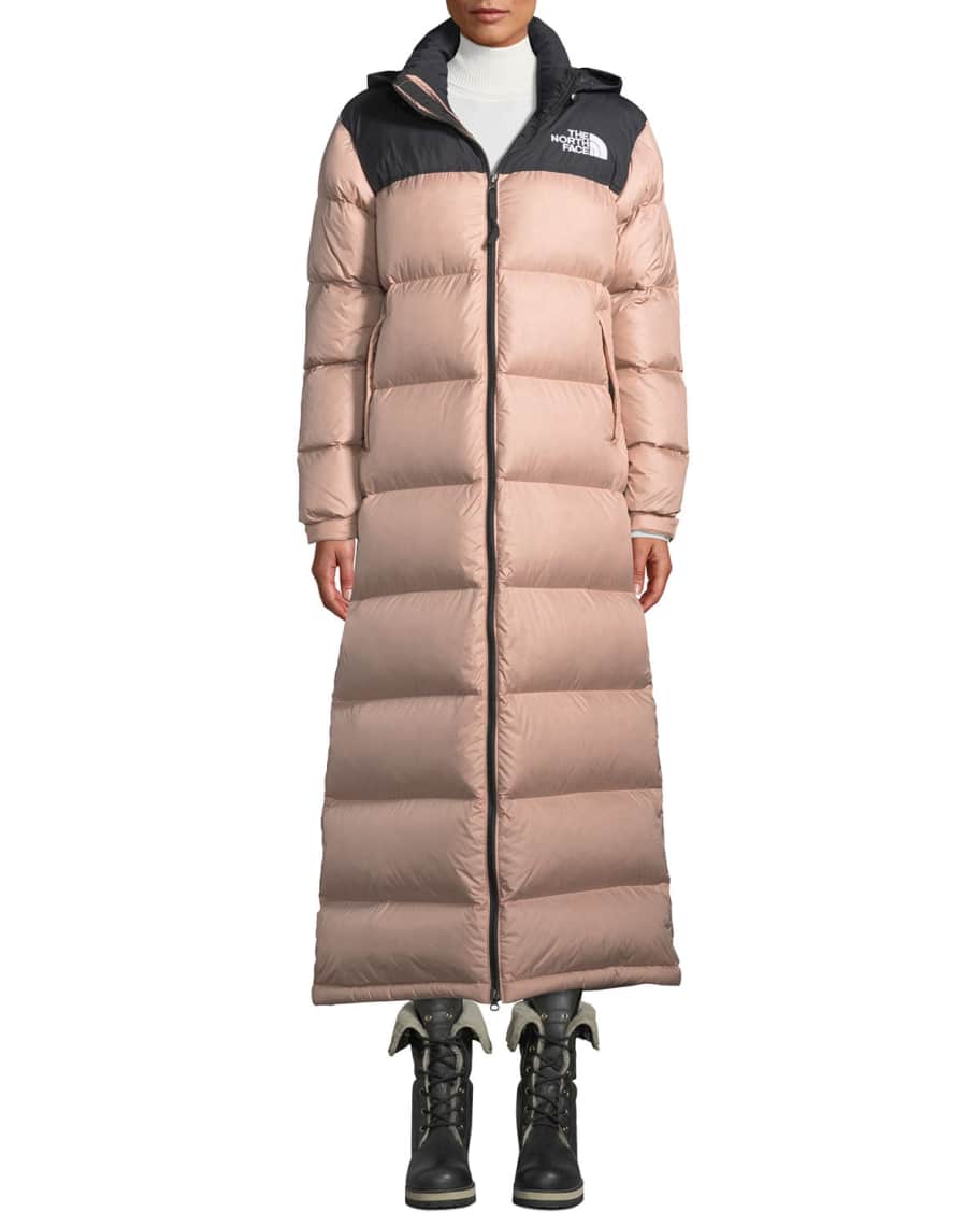 The North Face Nuptse Long Duster Puffer Coat w/ Packable Hood | Neiman ...