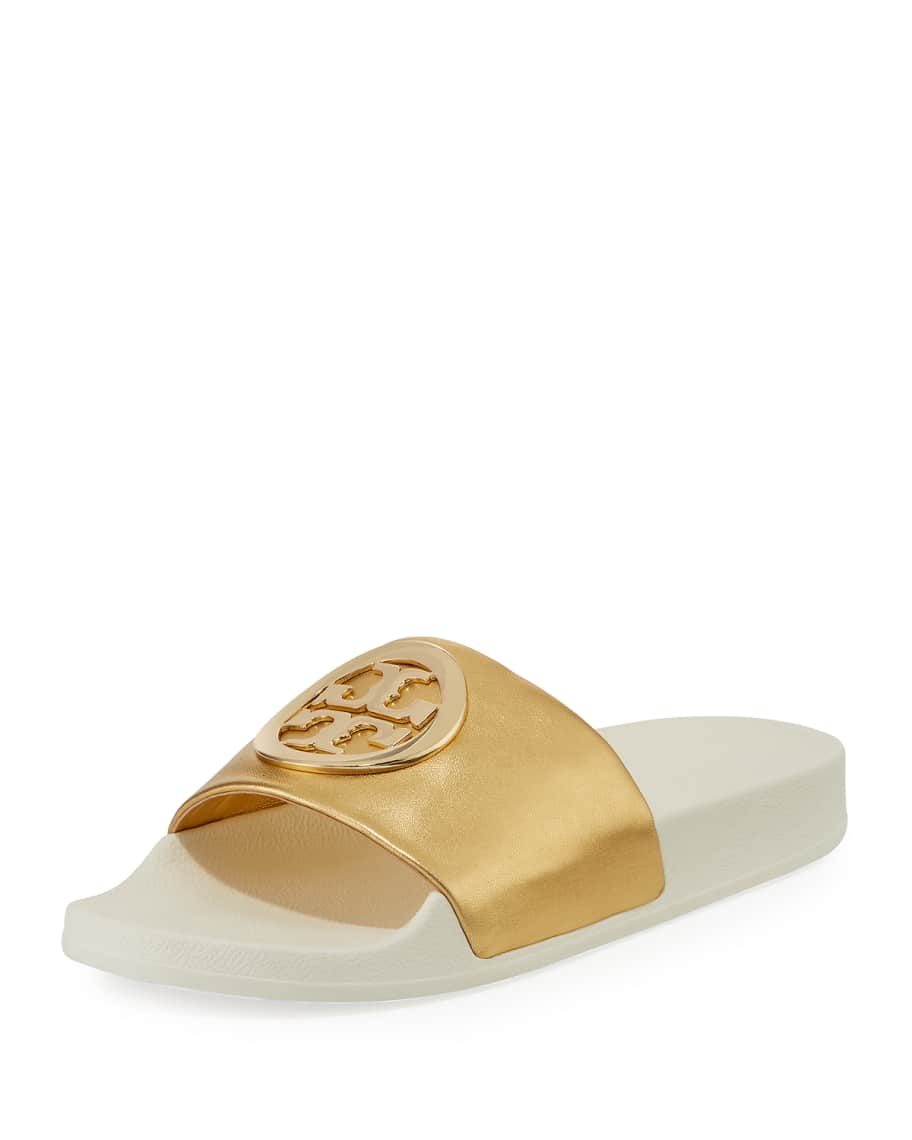 Tory Burch Lina Metallic Leather Pool Slide Sandals | Neiman Marcus