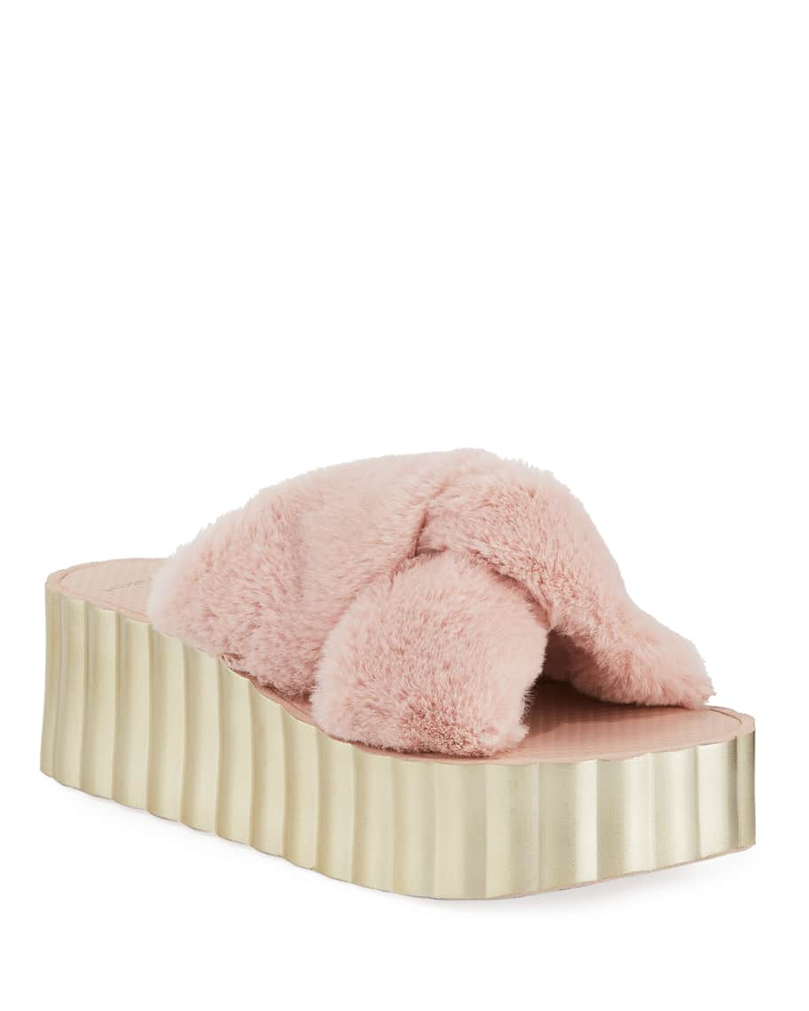 Tory Burch Faux-Fur Scallop Wedge Slide Sandals | Neiman Marcus