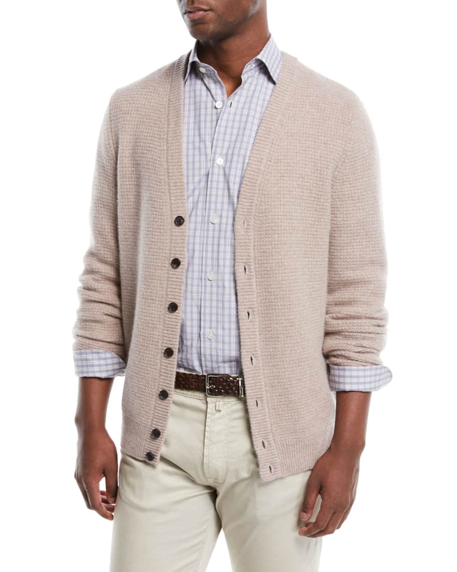 Neiman Marcus Men's Cashmere Solid Waffle-Knit Cardigan Sweater ...