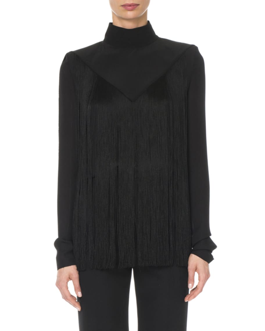 Givenchy Long-Sleeve Mock-Neck Fringe Silk Blouse | Neiman Marcus