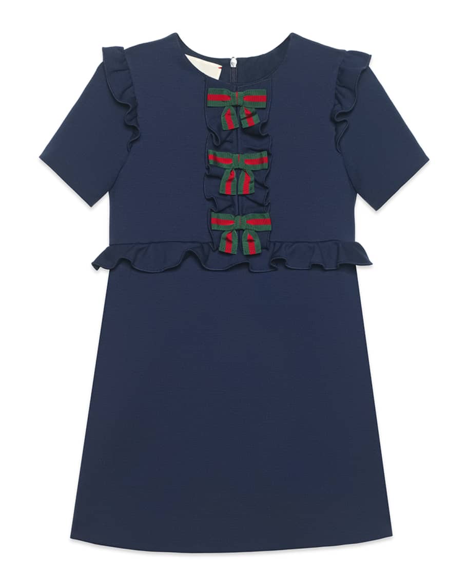 Gucci Jersey Stretch Ruffle-Trim Dress w/ Web Bows, Size 4-12 | Neiman ...