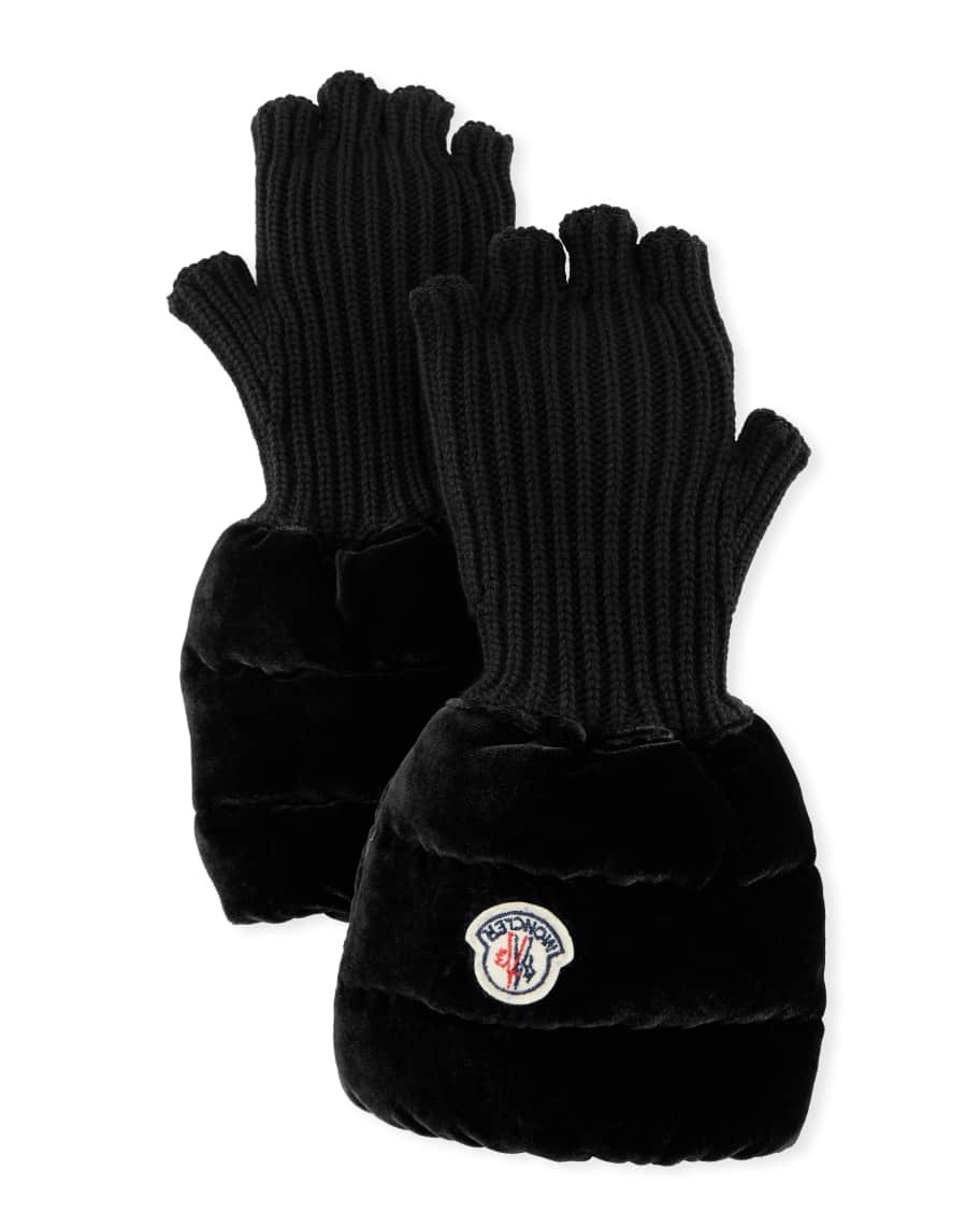 Moncler Fingerless Ribbed Wool Gloves w Velvet Puffer Combo