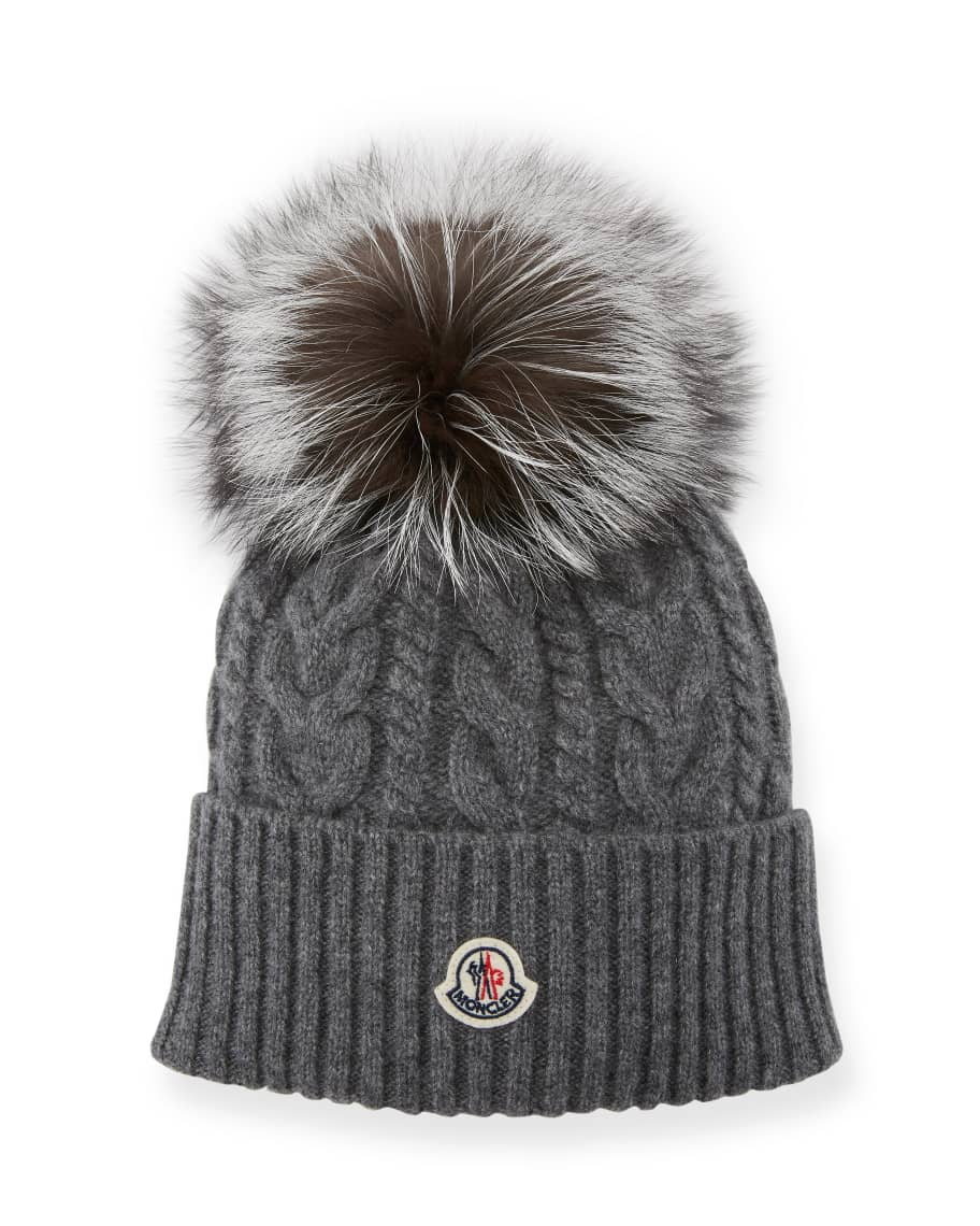 Moncler Cable-Knit Beanie Hat w/ Fur Pompom | Neiman Marcus
