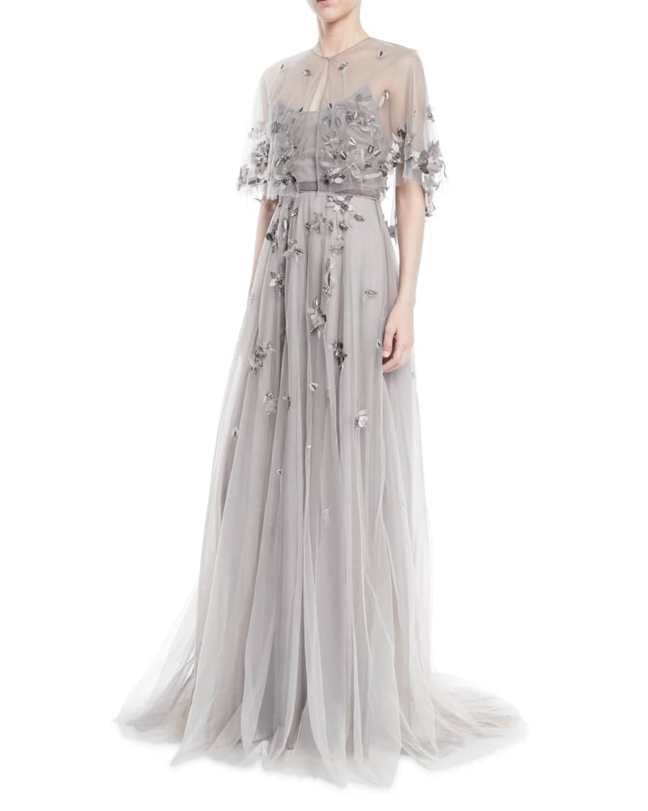 Marchesa Notte Floral Beaded Tulle Gown w/ Sheer Capelet | Neiman Marcus