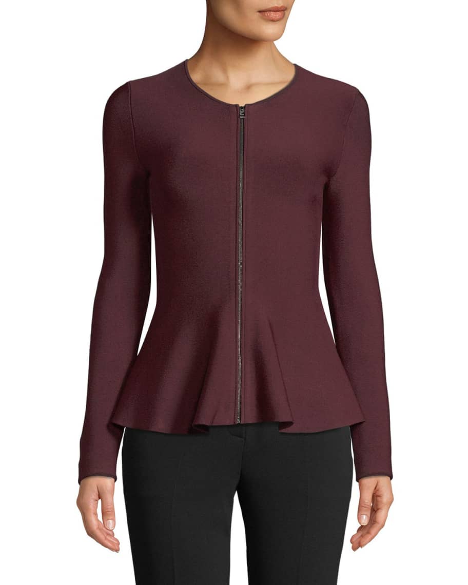 Theory Marl Crewneck Zip Front Glossed Peplum Jacket Neiman Marcus