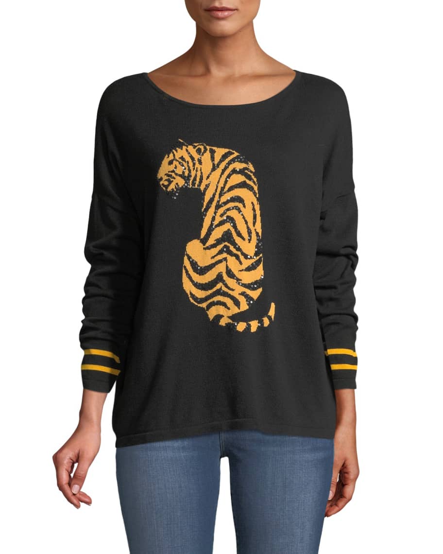 Joan Vass Boat Neck Long Sleeve Sequin Striped Tiger Intarsia Sweater Neiman Marcus