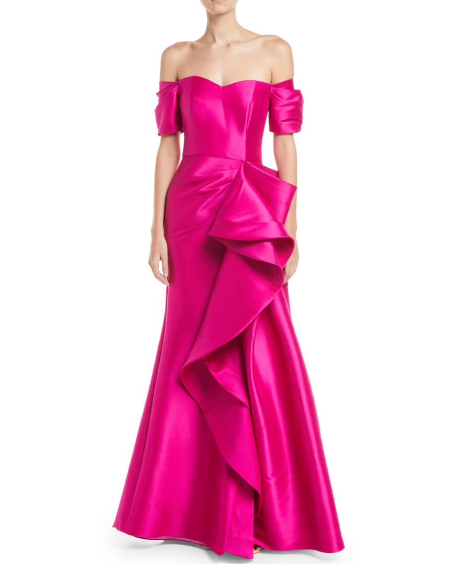 Badgley Mischka Collection Off-the-Shoulder Gown w/ Dramatic Ruffle ...