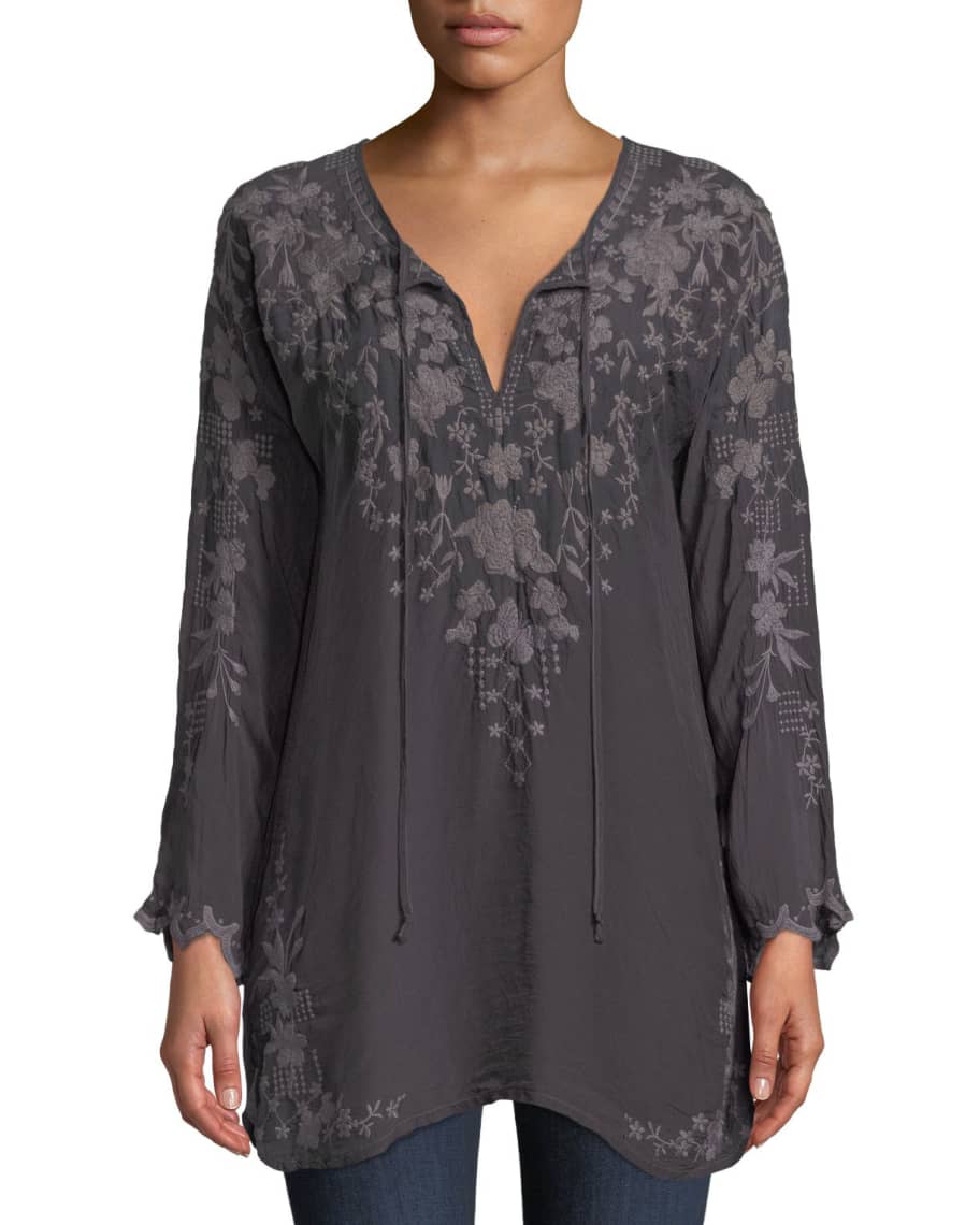 Johnny Was Butterfly Winter Rayon Tie-Neck Tunic, Plus Size | Neiman Marcus