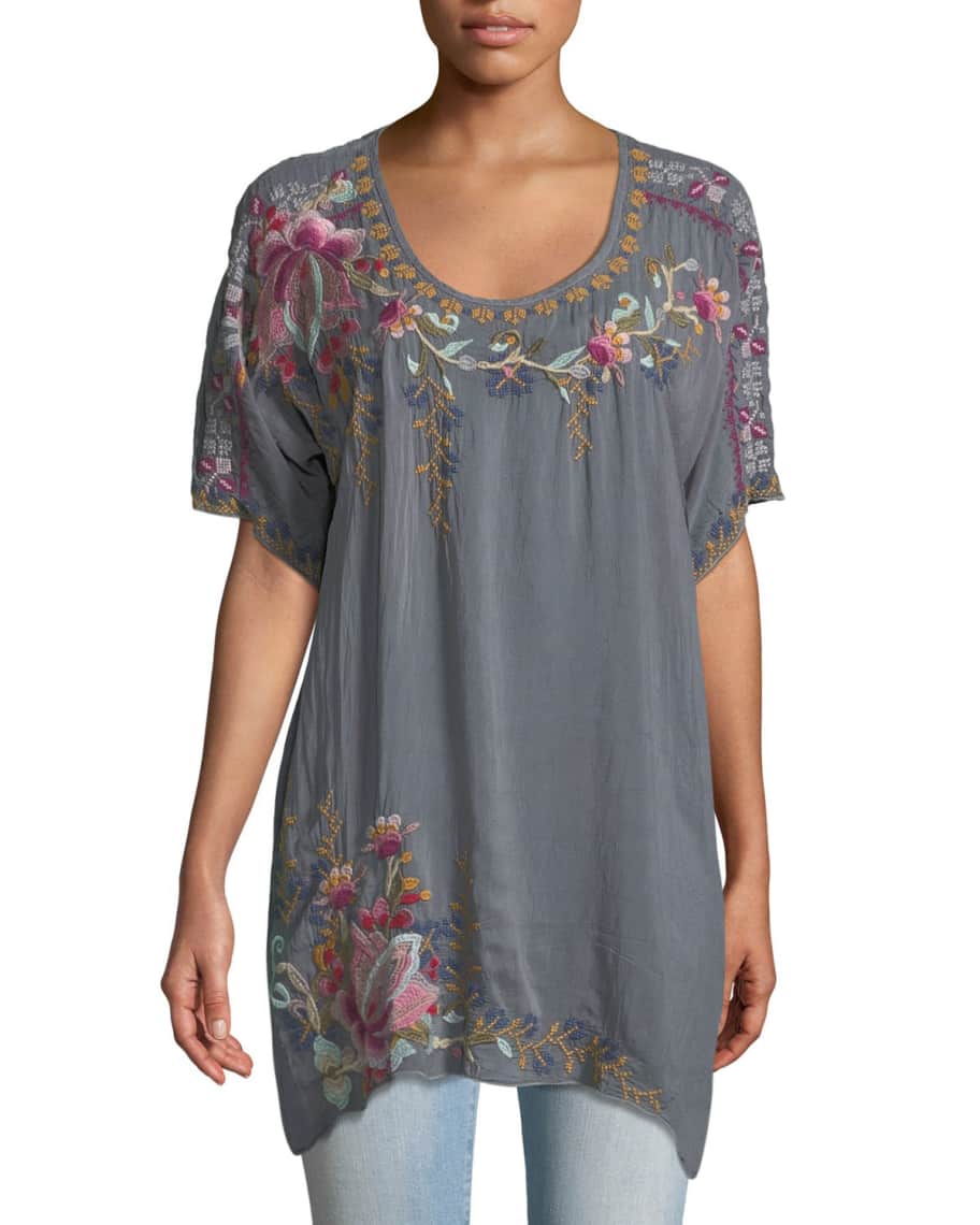 Johnny Was Alyssa Floral-Embroidered Long Georgette Tunic | Neiman Marcus