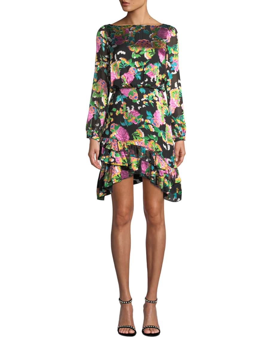 Saloni Felicia Printed Ruffle-Hem Long-Sleeve Mini Dress | Neiman Marcus