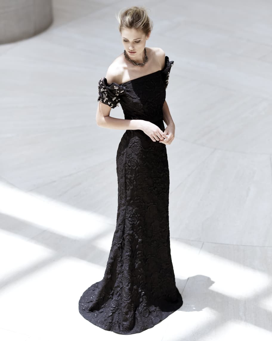 Badgley Mischka Collection Stretch Jacquard Trumpet Gown with Beaded ...