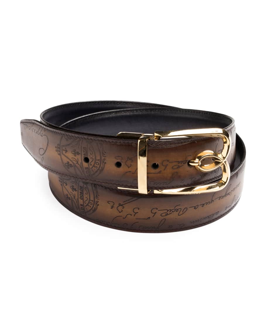 Berluti Men's B Volute Reversible Scritto Leather Belt | Neiman Marcus