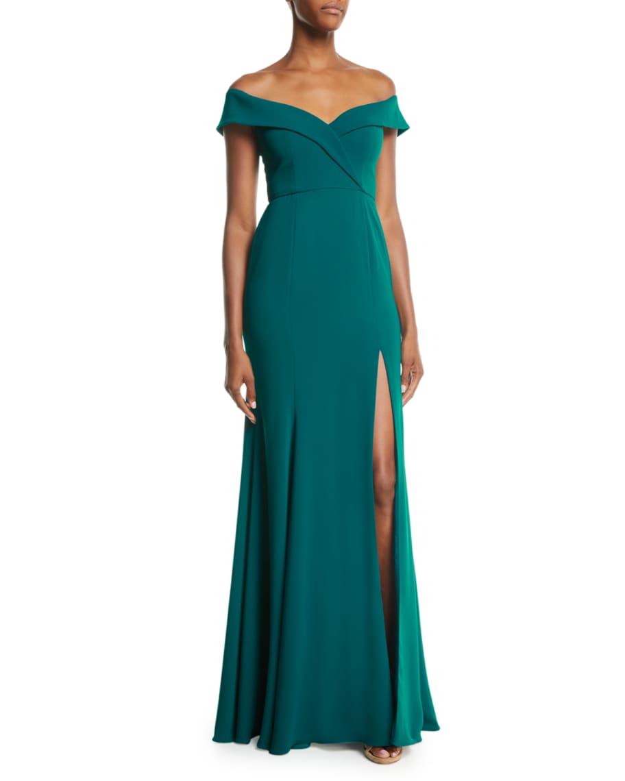 Off the Shoulder Crepe Gown w Front Slit