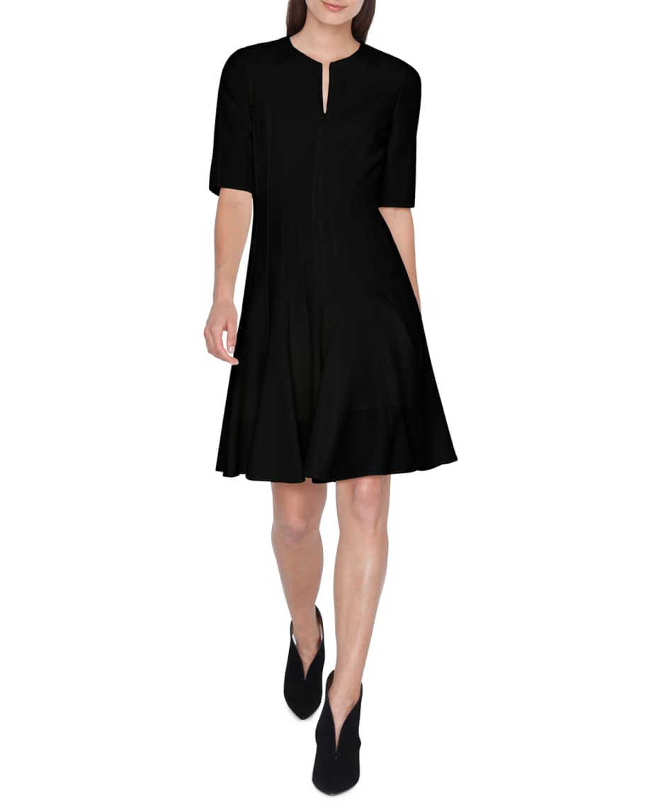 Akris Elbow-Sleeve Zip-Front Pleated A-Line Wool Dress | Neiman Marcus