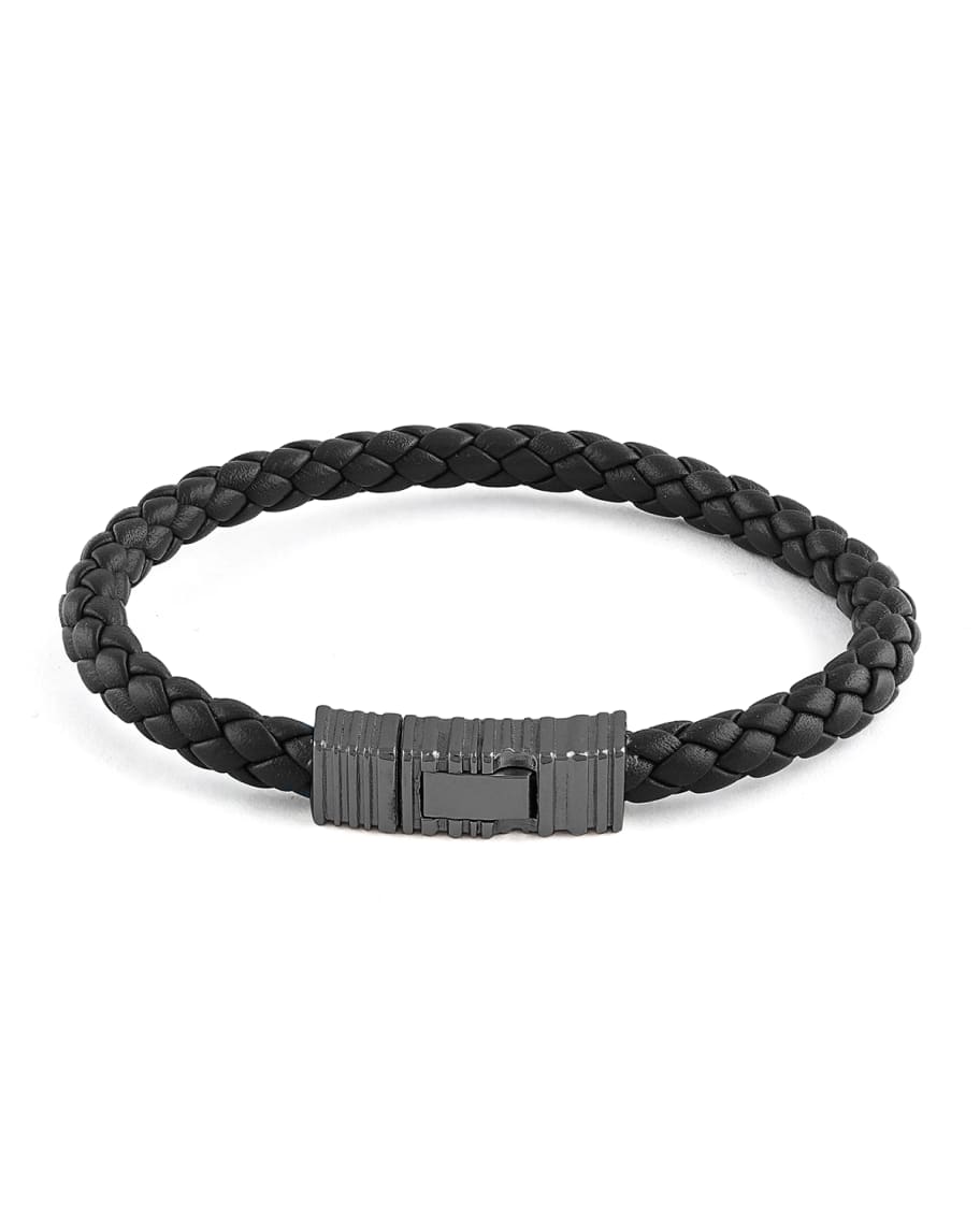 ZEGNA Men's Braided Leather Gunmetal Bracelet | Neiman Marcus