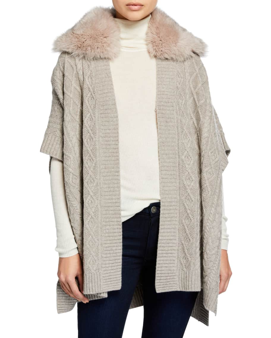 Sofia Cashmere Cable Knit Cashmere Cape w/ Fur Collar | Neiman Marcus