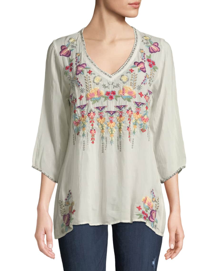 Johnny Was Nixie V-Neck 3/4-Sleeve Floral-Embroidered Blouse | Neiman ...
