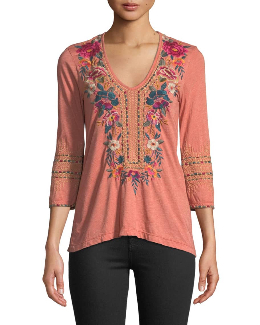Johnny Was Katina 3/4-Sleeve Embroidered T-Shirt | Neiman Marcus