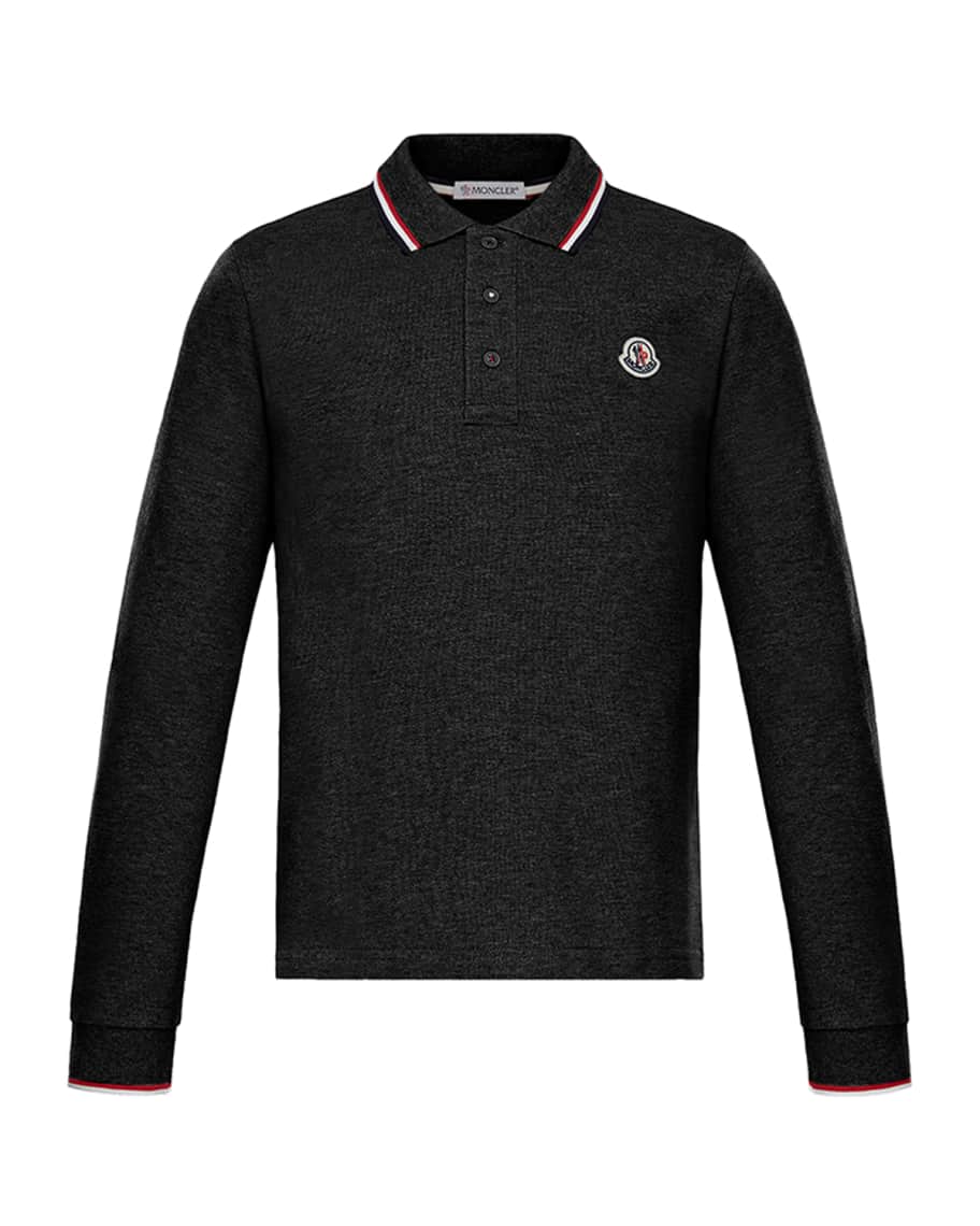 Moncler Long-Sleeve Polo w/ Striped Tipping, Size 8-14 | Neiman Marcus