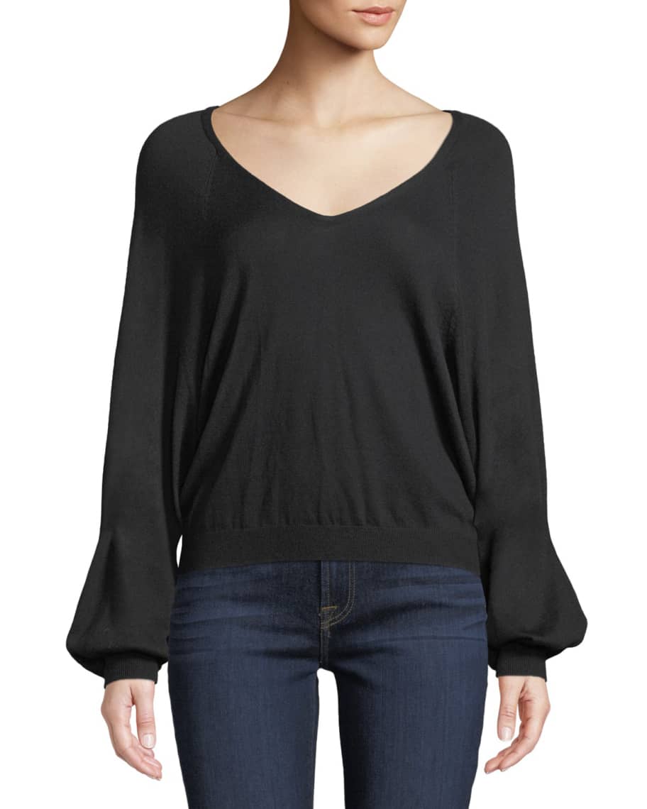 7 for all mankind Cropped V-Neck Blouson-Sleeve Sweater | Neiman Marcus