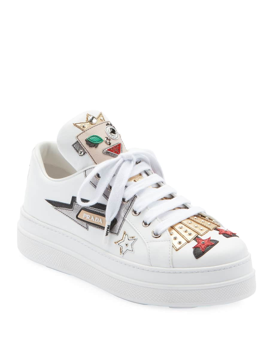 Prada Embellished Robot Leather Sneakers | Neiman Marcus