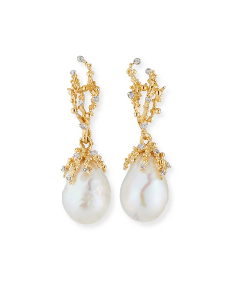 Michael Aram 18k Ocean Sculpted Pearl Earrings w/ Diamonds | Neiman Marcus